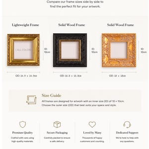 Op de afbeelding: Een vergelijkingstabel voor lijstmaten met drie vierkante lijsten: een lichtgewicht gouden lijst, een zwarte massief houten lijst en een gouden massief houten lijst. Elke lijst heeft een binnenmaat van 10cm en vari&euml;rende buitenmaten.