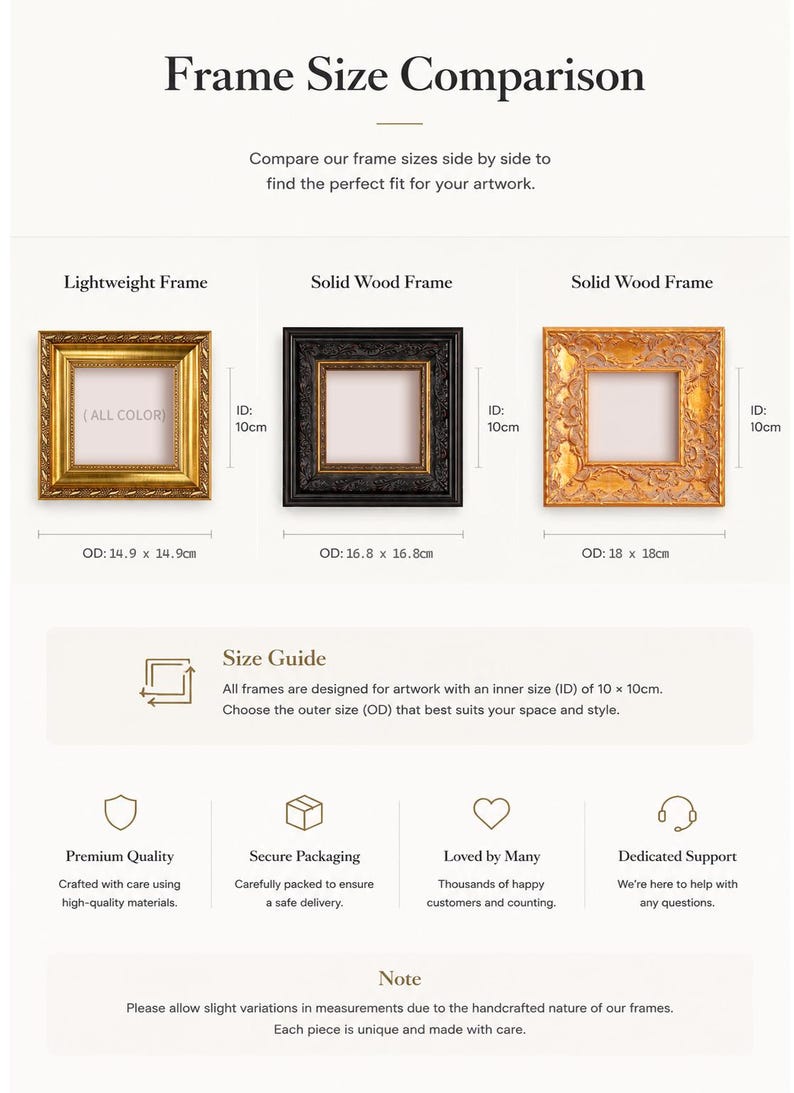 Op de afbeelding: Een vergelijkingstabel voor lijstmaten met drie vierkante lijsten: een lichtgewicht gouden lijst, een zwarte massief houten lijst en een gouden massief houten lijst. Elke lijst heeft een binnenmaat van 10cm en vari&euml;rende buitenmaten.