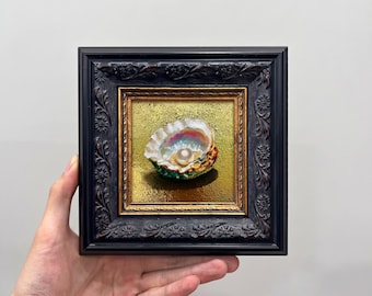 Mini ingelijst olieverfschilderij oesterschelp, klein kuststilleven kunst aan de muur