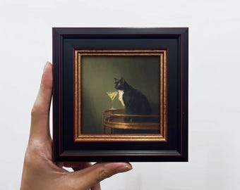 Mini ingelijste muurkunst Black Cat Martini, Dark Academia-bardecor in gouden lijst