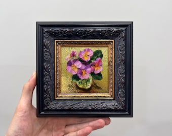 Mini ingelijst paars viooltje olieverfschilderij, kleine cottage bloemen muurkunst