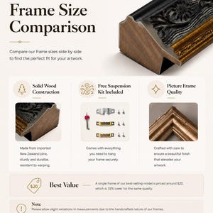 Op de afbeelding: Een productinformatie-afbeelding getiteld Frame Size Comparison met een dwarsdoorsnede van een zwarte en gouden houten fotolijst, een ophangset met metalen onderdelen en een hoek van een gouden lijst met een gedetailleerde afwerking.