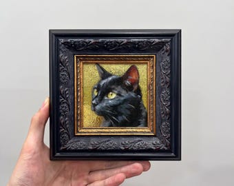 額装された金箔絵画 - ユニークな黒猫のミニチュア油絵作品（家の装飾用）