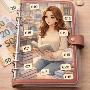 Könnte beinhalten: Illustration einer Frau, die ein Buch liest, umgeben von Büchern und Geld. Ein transparenter Ordner mit Preisschildern befindet sich im Vordergrund. Euro-Banknoten und Münzen sind verstreut. Der Ordner hat einen rosa Lederbezug.