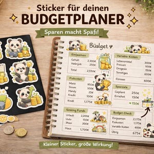 May include: A planner with a brown leather cover and a spiral binding, open to a budget sheet with panda stickers. A black sheet with panda stickers and coins is on the left. The text "Sticker für deinen BUDGETPLANER" is at the top.