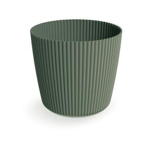 Peut inclure: Un pot de fleurs cylindrique vert sauge doté d'une texture nervurée verticale sur l'extérieur. Le récipient présente une large ouverture supérieure avec un bord festonné et une base effilée, offrant une finition mate uniforme sur l'ensemble.