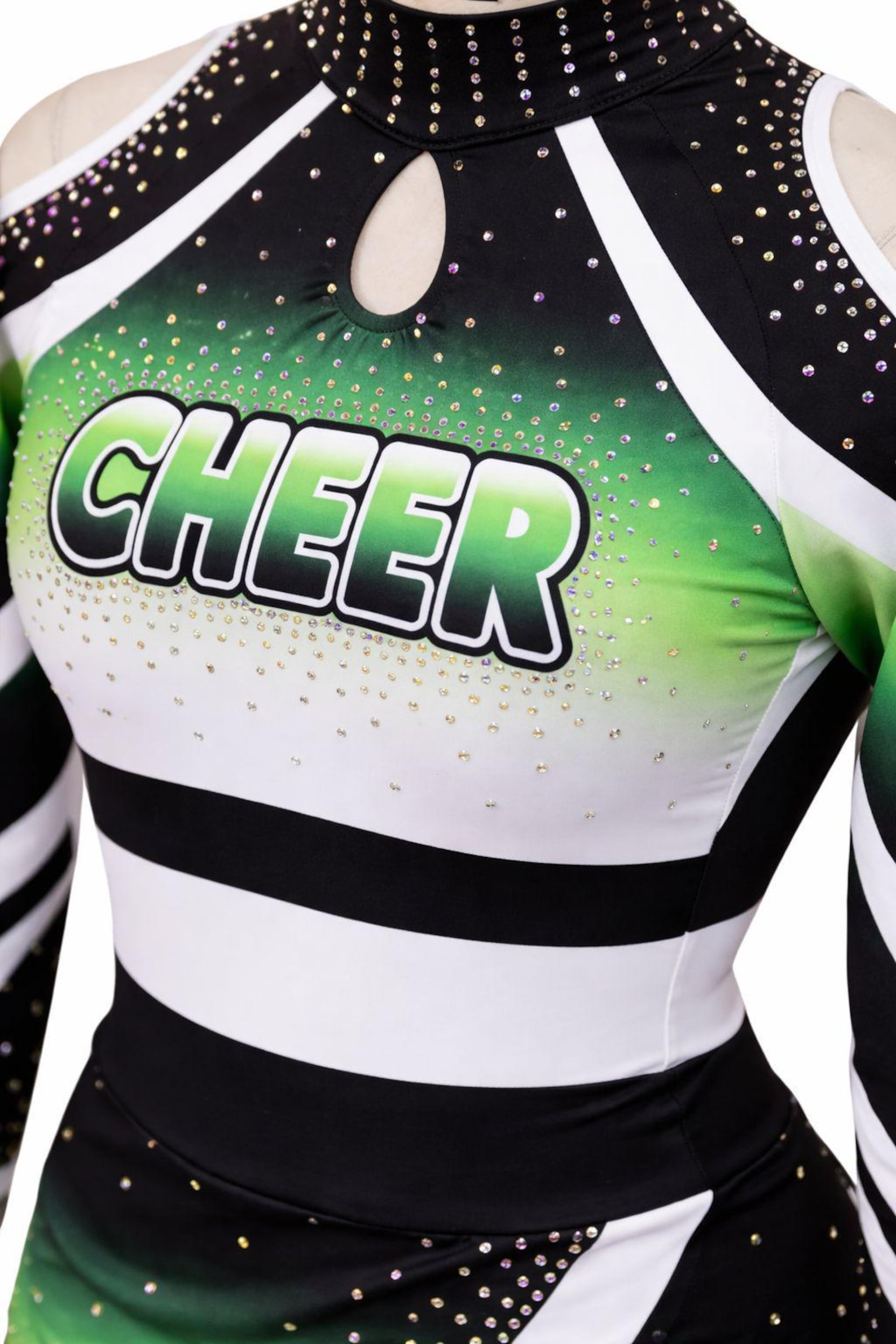 Custom Cheerleading Uniform Green Black White Rhinestone Cheer Outfit ...