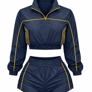May include: Navy blue athletic tracksuit set. The set includes a cropped jacket with a high collar and a zipper, and matching shorts. Both pieces have yellow trim along the seams and a yellow zipper. The jacket has long sleeves with elastic cuffs.