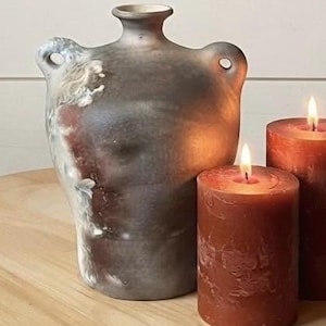 Handmade Smoke Fired Ceramic Jug | Two Handled Pottery Vase | Raku Style Rustic Moon Jar | Artisanal Decor | Unique Earthy Home Accent