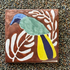 May include: Square ceramic tile featuring a colorful bird design. The bird has a blue head, green body, and yellow and blue tail. The background is brown with white leaf-like shapes. The tile is square and has a glossy finish.