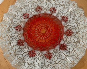 Signed Sydenstricker Fused Art Glass Plate | Red and White Lace Mandala Ruffled Dish | Vintage Cape Cod Studio Glass Centerpiece, Boho Decor