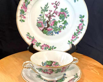 Vintage B and Co Limoges Arbres des Indes Porcelain Set | French Chinoiserie Dinner Plate, Small Plate & Double-Handled Bowl, Antique
