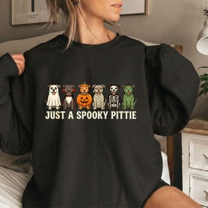 Peut inclure: Un sweat-shirt noir à manches longues avec un motif représentant six chiens déguisés pour Halloween, incluant un fantôme, un vampire, une citrouille, une momie, un squelette et un monstre, avec le texte "JUST A SPOOKY PITTIE" imprimé en blanc.