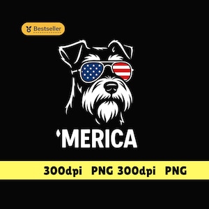 Peut inclure: Une illustration graphique en noir et blanc d'un chien portant des lunettes de soleil avec un motif d'étoiles et de rayures. Le texte 'MERICA' apparaît sous le chien. Un badge jaune 'Bestseller' est en haut à gauche et '300dpi PNG' en bas.