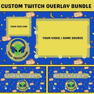Puede incluir: Un paquete de superposición de Twitch personalizado con un fondo azul con cuadros amarillos para la cámara facial y la fuente de video. El diseño incluye gatos de dibujos animados, estrellas y lunas. El texto incluye "Your Face Cam", "Your Video / Game Source", "Starting Soon..." y "Be Right Back..."