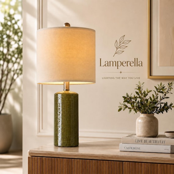 Green Ceramic Table Lamp, Modern Farmhouse Bedside Lamp, Small Nightstand Lamp, Boho Bedroom Decor, Living Room End Table Light