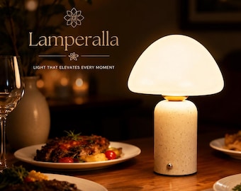 Rechargeable Mushroom Table Lamp Cordless Bedside Night Light Dimmable LED Touch Lamp Glass Shade Portable Ambient Home Decor Lighting