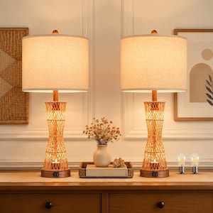 Boho Rattan Table Lamps Set of 2, 27" Dual Light Bedside Lamps, Farmhouse Nightstand Lamps for Bedroom Living Room Rustic Home Decor