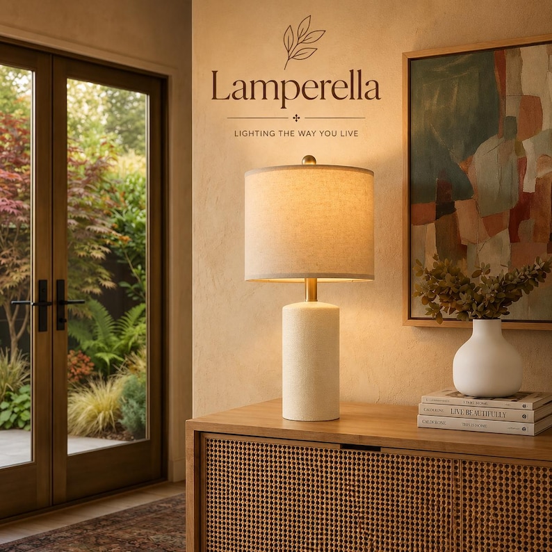 May include: A table lamp with a cylindrical off-white base and a drum-shaped fabric shade. The lamp sits on a wooden cabinet next to a white vase and stacked books. The wall features the text Lamperella and LIGHTING THE WAY YOU LIVE.