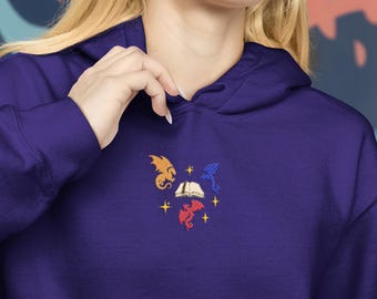 Embroidered dragon and book hoodie, bookworm crewneck, fantasy reader gift, gildan