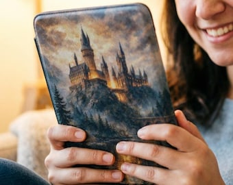 Kindle cover with Hogwarts print, magnetic folio case, fantasy castle art