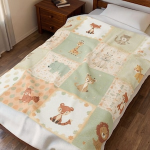 May include: A patchwork quilt featuring various woodland animals in a square pattern. The quilt has a cream-colored background with light green and peach-colored squares. Each square contains a different animal illustration, such as a fox, giraffe, and lion.