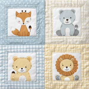 May include: A baby quilt featuring four squares with animal appliqués. The animals include a fox, bear, lion, and tiger. The quilt has a blue and white polka dot and gingham pattern, and a yellow and white gingham pattern.