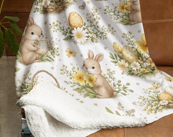 Easter Bunny Pattern Sherpa Blanket | Floral Rabbit Fleece Throw