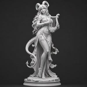 May include: A monochromatic grey figurine of a horned creature with long flowing hair, pointed ears, and a tail. The figure wears a detailed bodice and a draped skirt, holding a small harp in both hands while standing on a circular stone base.