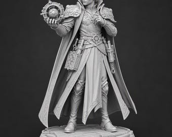 May include: A gray resin figurine of an elf wizard standing on a circular stone base. The figure wears an ornate long coat with high collars, pauldrons, and a cape. They hold a spherical astrolabe in one hand, with a book and vials at the waist.