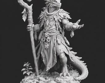 May include: A light gray unpainted miniature figurine of a dragon-like humanoid creature standing on a rocky base. The figure wears layered robes with leaf-like textures, holds a tall wooden staff, and has a long tail and sharp claws.
