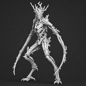 May include: A light grey, unpainted miniature figurine of a humanoid creature constructed from intertwined tree branches, twigs, and vines. The figure features a pointed head with branch-like antlers, elongated limbs, and clawed feet.