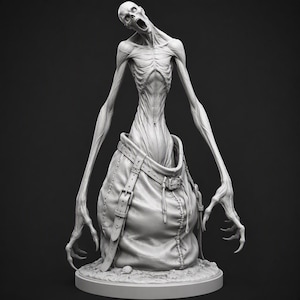 May include: A grey monochromatic figurine of a gaunt, skeletal creature with elongated arms and sharp claws, emerging from a sack-like base secured with a buckled strap. The figure has a hollow, screaming expression and stands on a circular base.