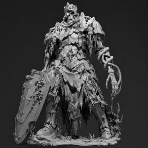 Peut inclure: Une figurine grise monochrome représentant un guerrier squelettique portant une armure texturée en lambeaux et une couronne. Le personnage tient un grand bouclier d'une main et possède un bras squelettique avec des vrilles, avec un œil blanc brillant.