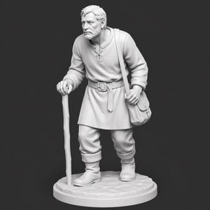 May include: A monochromatic gray figurine of a bearded traveler standing on a circular base. The figure wears a long-sleeved tunic with a lace-up collar, a belt with a buckle, and trousers tucked into boots. A satchel hangs from the shoulder, and a wooden staff is held in the right hand.