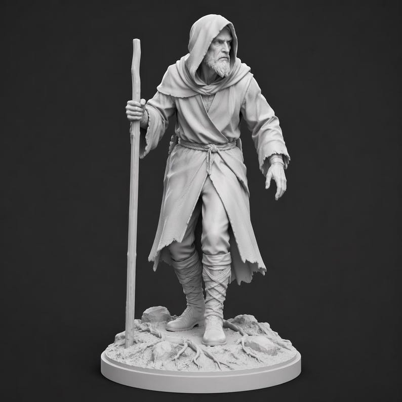 May include: A gray miniature figurine of a bearded figure wearing a hooded robe and tunic, standing on a rocky base. The figure holds a tall, slender wooden staff in the right hand and wears laced boots. The sculpture features detailed fabric folds.