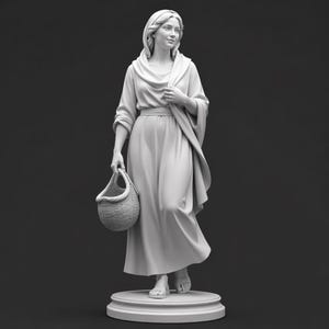 May include: A monochromatic white statue of a standing figure wearing a long, flowing robe and a head covering. The figure holds a woven basket in one hand and stands on a circular base, depicted with a serene expression and simple sandals.
