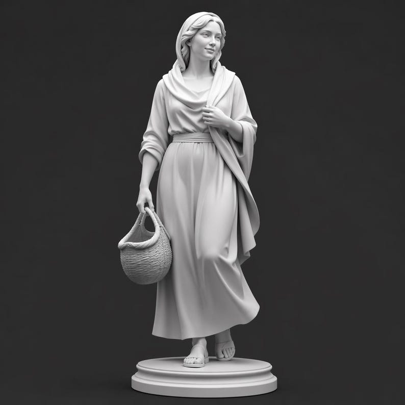 May include: A monochromatic white statue of a standing figure wearing a long, flowing robe and a head covering. The figure holds a woven basket in one hand and stands on a circular base, depicted with a serene expression and simple sandals.