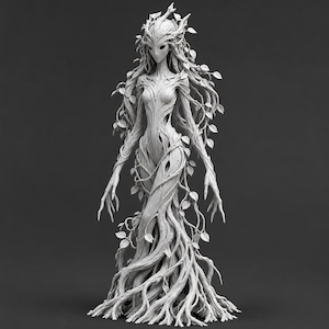 May include: A light gray monochromatic sculpture of a humanoid figure composed of intertwined tree branches, roots, and leaves. The figure features a slender, elongated form with a textured bark-like surface and small, delicate leaves throughout.
