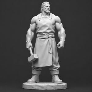May include: A monochromatic gray figurine of a muscular, bearded individual standing on a circular base. The figure wears a long apron over a simple top, gloves, and boots, and holds a large, rectangular-headed hammer in the right hand.