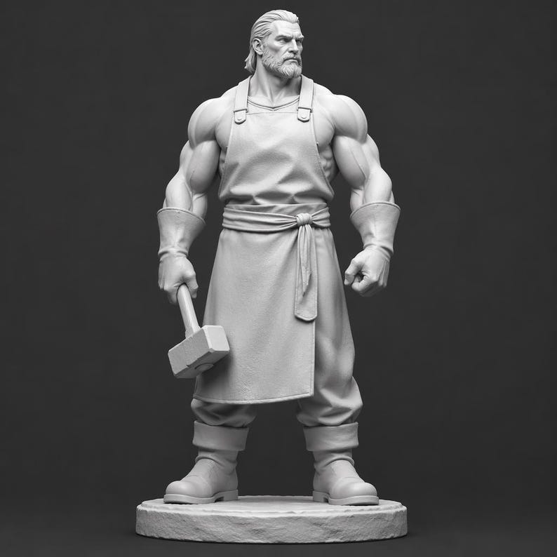 May include: A monochromatic gray figurine of a muscular, bearded individual standing on a circular base. The figure wears a long apron over a simple top, gloves, and boots, and holds a large, rectangular-headed hammer in the right hand.