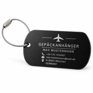 NOMIRO Personlig Bagageetikett i Rostfritt Stål, Svart med Gravyr, Bagageetikett med Namn, Design eller QR-kod, 50 x 29 mm