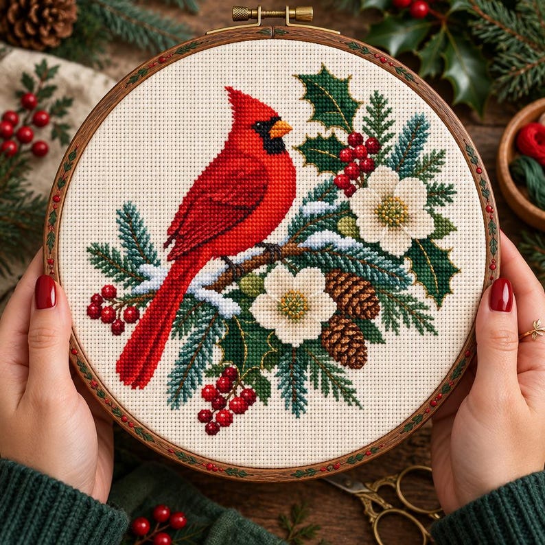 Cardinal Bird Cross Stitch Pattern, Winter Wreath Embroidery Design PDF ...