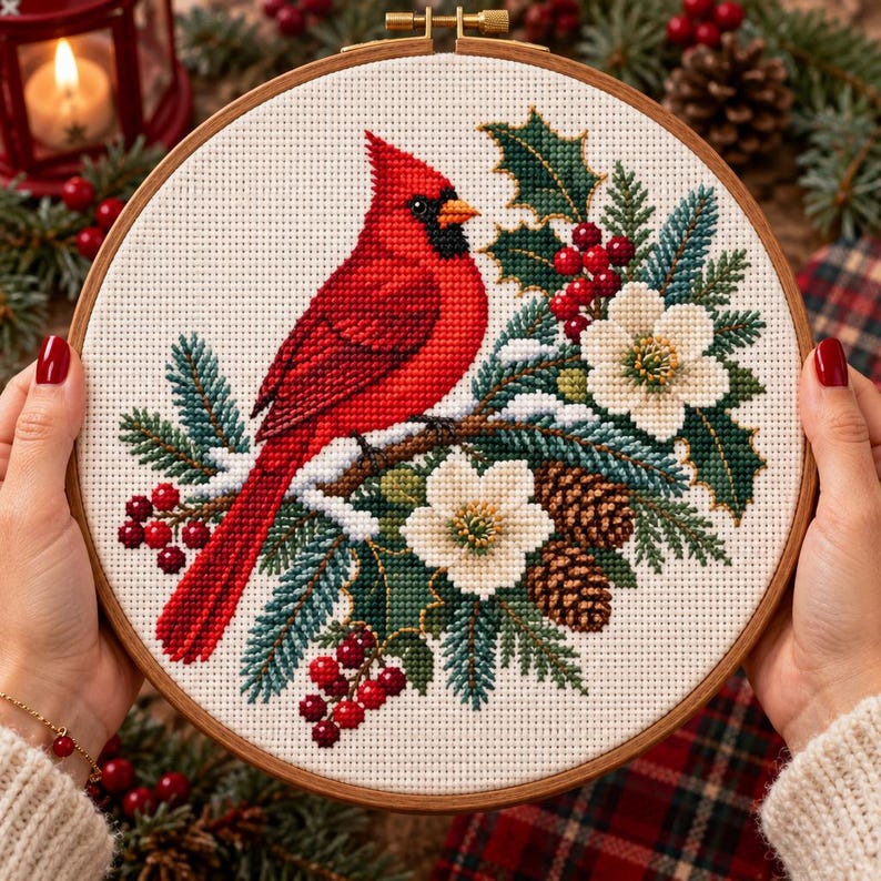 Cardinal Bird Cross Stitch Pattern, Winter Wreath Embroidery Design PDF ...