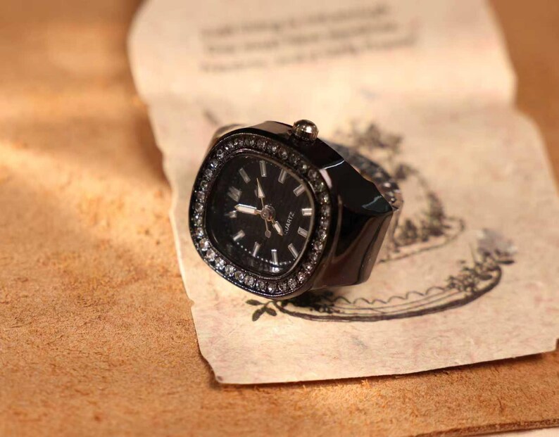 Personalized Crystal Ring Watch: Custom Engraved Square Dial Jewelry Black-black