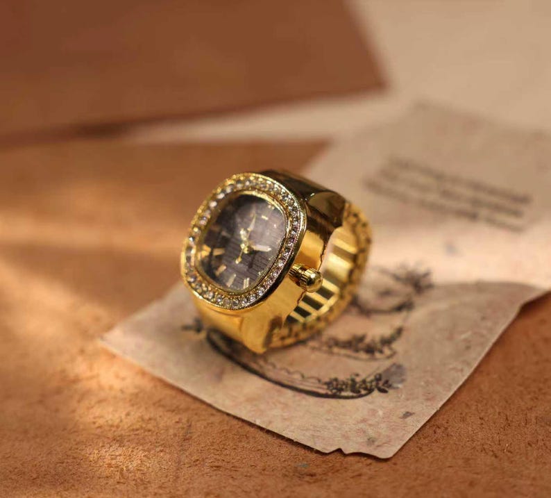 Personalized Crystal Ring Watch: Custom Engraved Square Dial Jewelry image 13