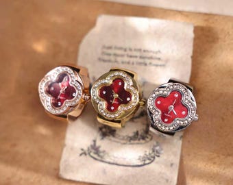 Personalized Clover Ring Watch Custom Engraved Name Date Adjustable Finger Watch Quartz Vintage Rhinestone Ring Gift