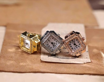 Personalized Engraved Ring Watch Square Adjustable Finger Watch Vintage Rhinestone Mini Clock Gift for Her Birthday Anniversary Gift