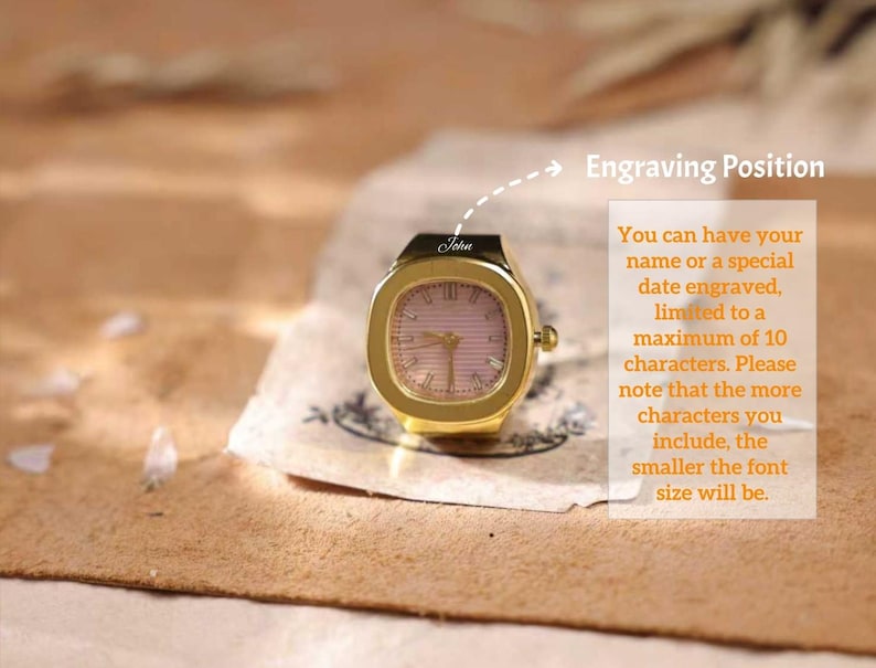 May include: A gold-toned watch with a square face and a pink dial. The watch has the name "John" engraved on it. The image also includes text that says "Engraving Position" and details about engraving.