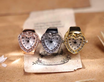 Personalized Heart Ring Watch, Engraved Name Finger Watch, Rhinestone Jewelry Watch, Adjustable Ring Gift, Birthday Anniversary Gift